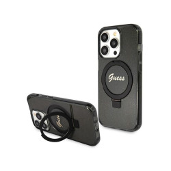 Guess coque noire Phone 13 Pro Max anneau support script paillettes MagSafe