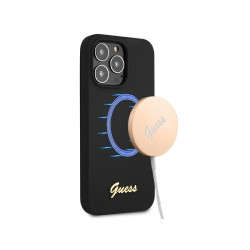 Guess Coque rigide noire iPhone 13 Pro Max logo silicone doré MagSafe