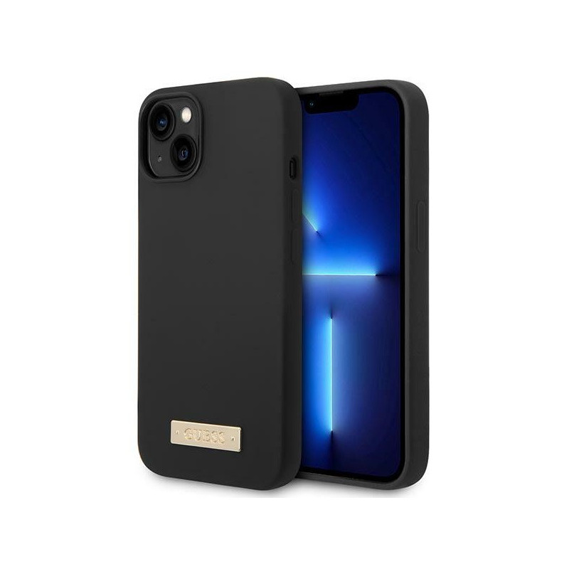 Guess iPhone 14 Plus/15 Plus black hardcase Silicone Logo Plate MagSafe
