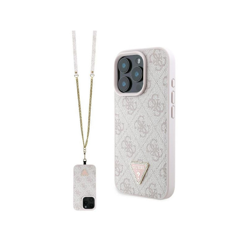 Guess iPhone 16 Pro Max pink hardcase Leather Metal Logo Strass Crossbody