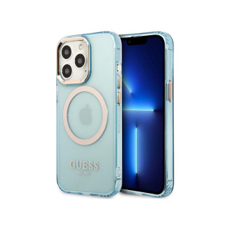 Guess Coque rigide bleue iPhone 13/13 Pro contour doré translucide MagSafe
