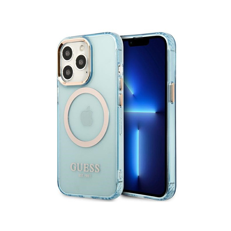Guess Coque rigide bleue iPhone 13/13 Pro contour doré translucide MagSafe