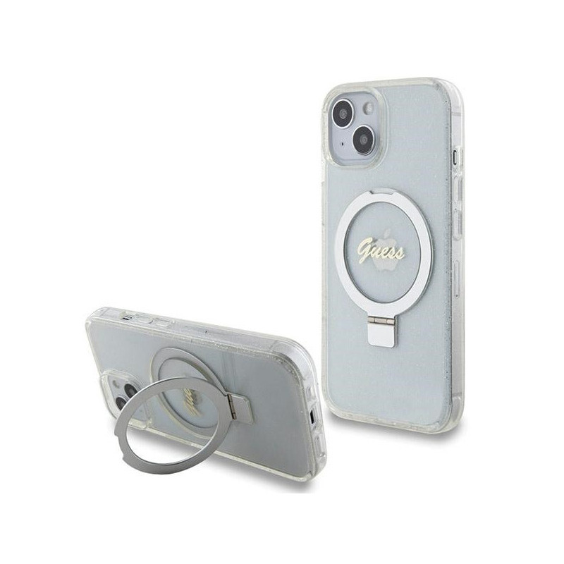 Guess iPhone 13/14/15 transparent hardcase Ring Stand Script Glitter MagS.