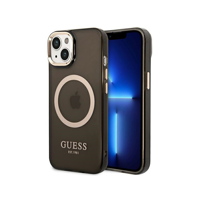 Guess iPhone 14 Plus/15 Plus black hardcase Gold Outline Translucent MagS. Guess iPhone 14 Plus/15 Plus black hardcase Gold Outline Translucent MagS.