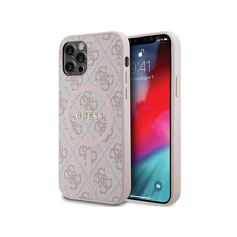Guess Coque rigide rose iPhone 12/12 Pro collection cuir logo métal MagS 4G