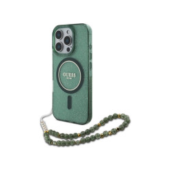 Guess iPhone 16 Pro Max green hardcase IML Glitter With Pearl Strip MagSafe