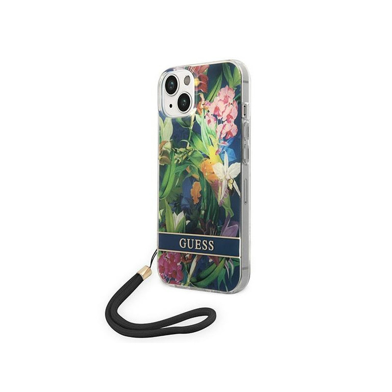 Guess iPhone 14 Plus/15 Plus blue hardcase Flower Strap