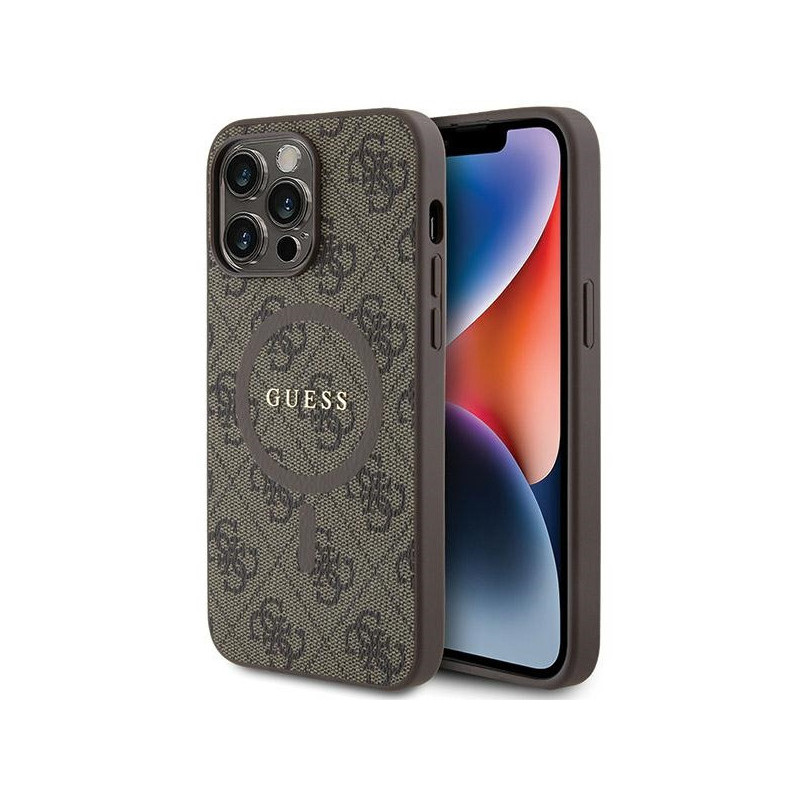 Guess iPhone 15 Pro Max brown hardcase 4G Collec. Leather Metal Logo MagS.
