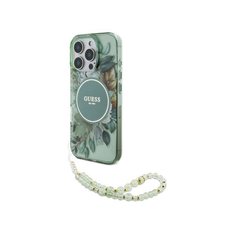Guess iPhone 16 Pro green hardcase IML Flowers With Pearl Strap MagSafe