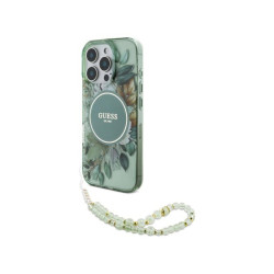 Guess iPhone 16 Pro green hardcase IML Flowers With Pearl Strap MagSafe