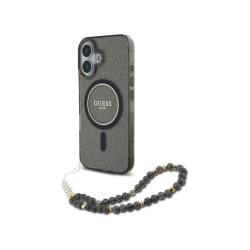 Guess iPhone 16 black hardcase IML Glitter With Pearl Strap MagSafe