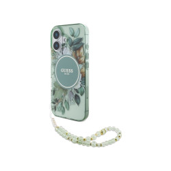 Guess iPhone 16 green hardcase IML Flowers With Pearl Strap MagSafe