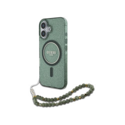 Guess iPhone 16 Plus green hardcase IML Glitter With Pearl Strap MagSafe
