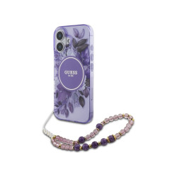 Guess iPhone 16 Plus purple hardcase IML Flowers With Pearl Strap Magsafe