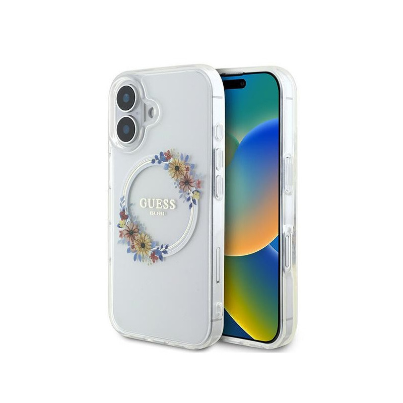 Guess iPhone 16 Plus transparent hardcase IML Flowers Wreath MagSafe