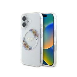 Guess iPhone 16 Plus transparent hardcase IML Flowers Wreath MagSafe