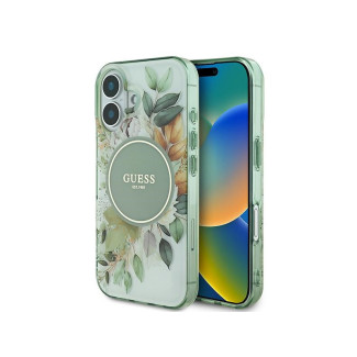 Guess iPhone 16 Plus green hardcase IML Flower & Tonal Circle MagSafe