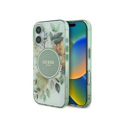 Guess iPhone 16 Plus green hardcase IML Flower & Tonal Circle MagSafe