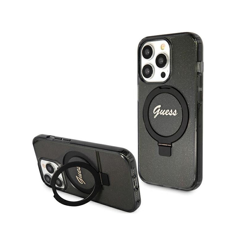 Guess iPhone 15 Pro Max black hardcase Ring Stand Script Glitter MagSafe