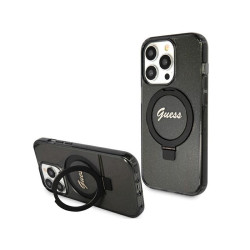 Guess iPhone 15 Pro Max black hardcase Ring Stand Script Glitter MagSafe