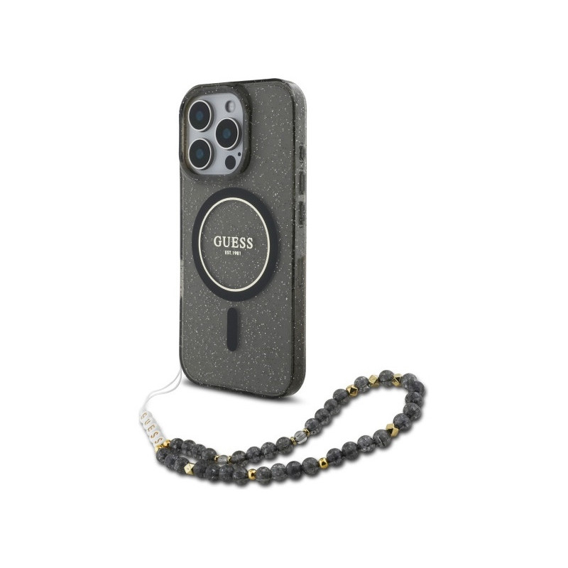 Guess iPhone 16 Pro black hardcase IML Glitter With Pearl Strap MagSafe