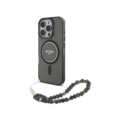 Guess iPhone 16 Pro black hardcase IML Glitter With Pearl Strap MagSafe