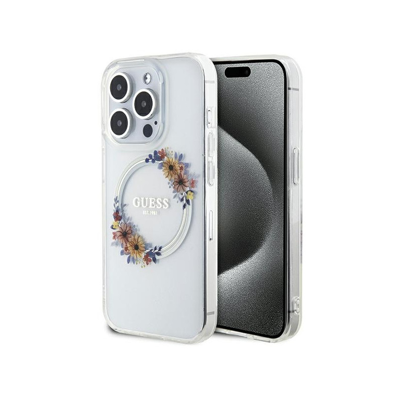 Guess iPhone 15 Pro Max transparent hardcase IML Flowers Wreatch MagSafe Guess iPhone 15 Pro Max transparent hardcase IML Flowers Wreatch MagSafe