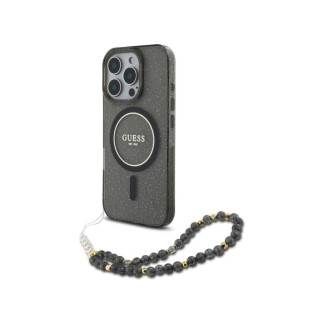 Guess iPhone 16 Pro Max black hardcase IML Glitter With Pearl Strap MagSafe