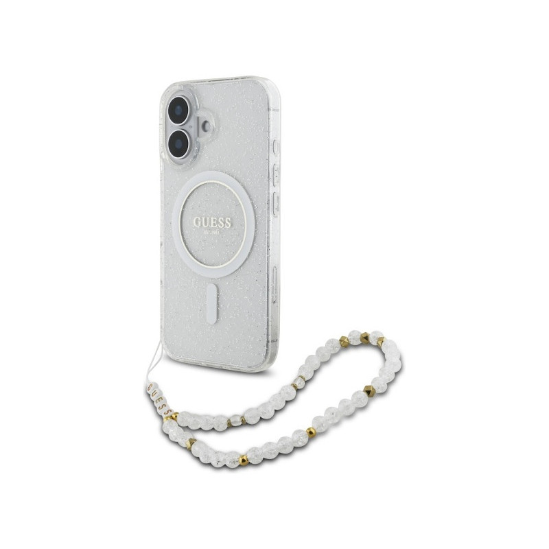 Guess iPhone 16 Plus transparent hardcase IML Glitter Pearl Strap MagSafe