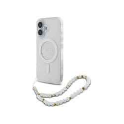 Guess iPhone 16 Plus transparent hardcase IML Glitter Pearl Strap MagSafe