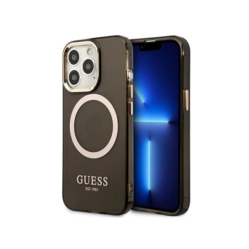 Guess Coque rigide noire iPhone 13/13 Pro contour doré translucide MagSafe