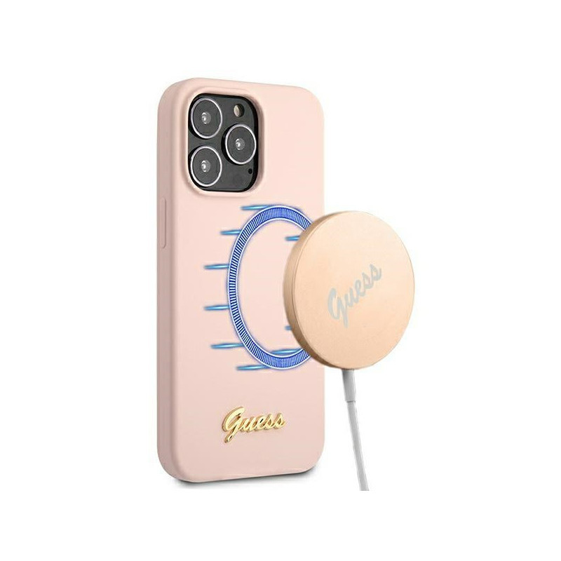Guess iPhone 13/13 Pro light pink hardcase Silicone Script Gold Logo Guess iPhone 13/13 Pro light pink hardcase Silicone Script Gold Logo