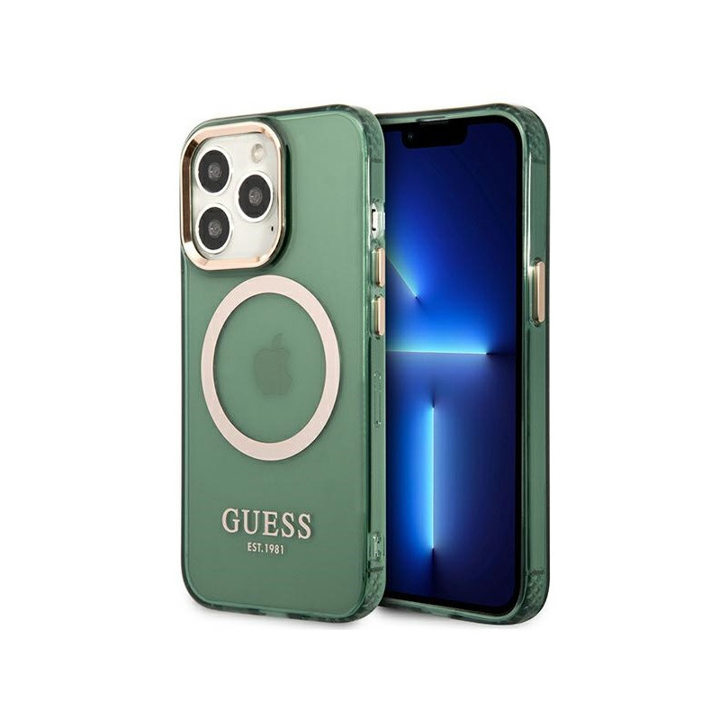 Guess iPhone 13/13 Pro khaki hardcase Gold Outline Translucent MagSafe