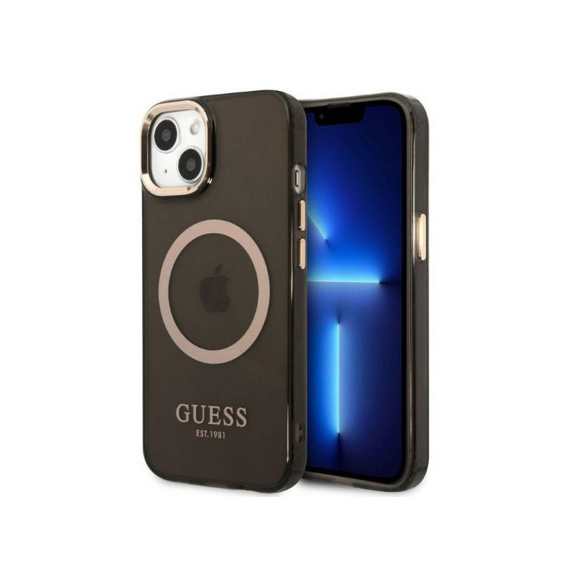 Guess iPhone 13/14/15 black hardcase Gold Outline Translucent MagSafe