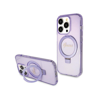 Guess iPhone 15 Pro purple hardcase Ring Stand Script Glitter MagSafe
