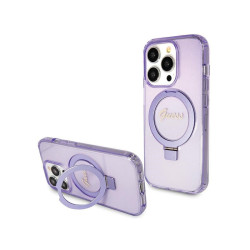 Guess iPhone 15 Pro purple hardcase Ring Stand Script Glitter MagSafe
