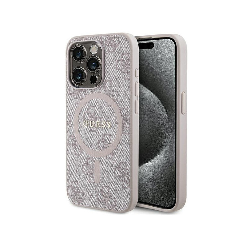 Guess iPhone 15 Pro pink hardcase 4G Collection Leather Metal Logo MagSafe