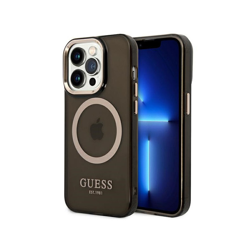 Guess iPhone 14 Pro Max black hardcase Gold Outline Translucent MagSafe
