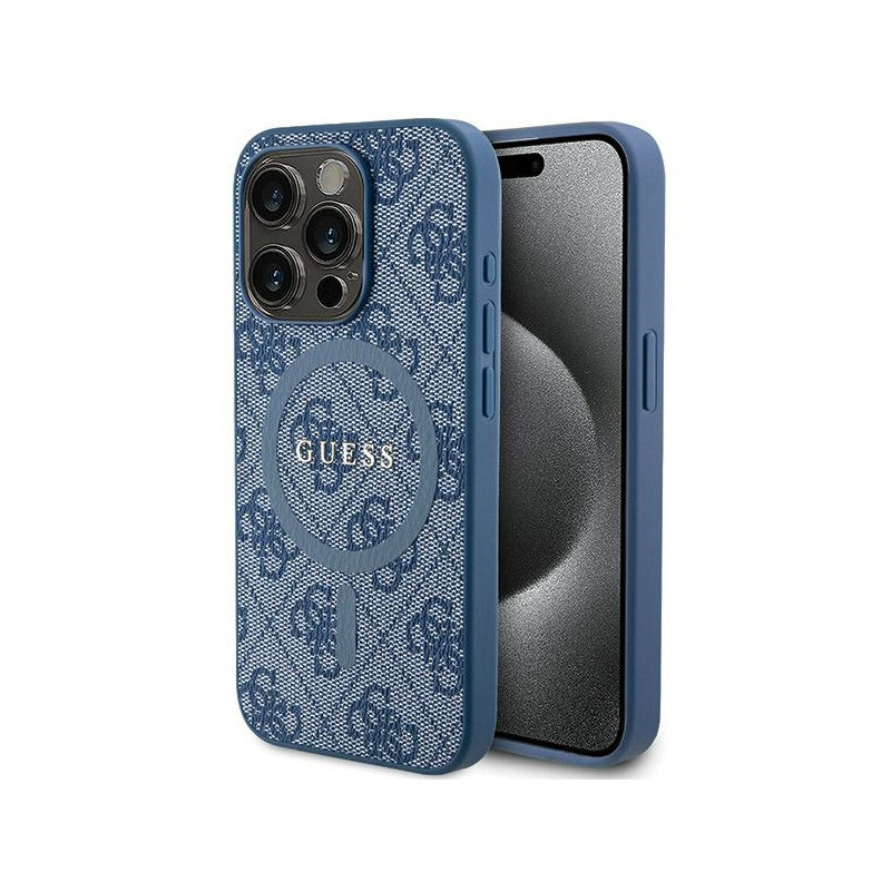 Guess iPhone 14 Pro blue hardcase 4G Collection Leather Metal Logo MagSafe