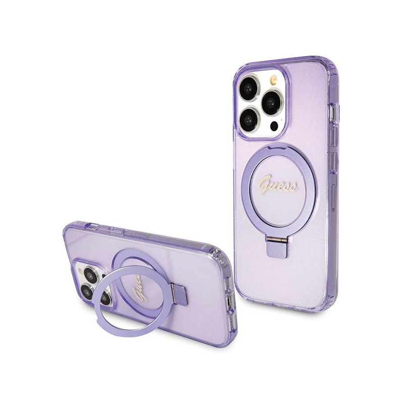 Guess Coque rigide violette iPhone 13 Pro Max anneau paillettes MagSafe