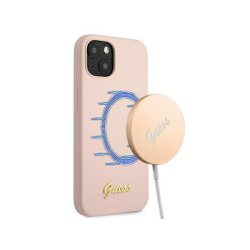 Guess Coque rigide rose clair en silicone iPhone 13 logo script doré MagSaf