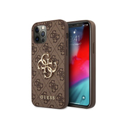 Guess Coque rigide marron pour iPhone 12/12 Pro grand logo métal 4G