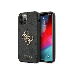 Guess Coque rigide grise pour iPhone 12/12 Pro grand logo métal 4G