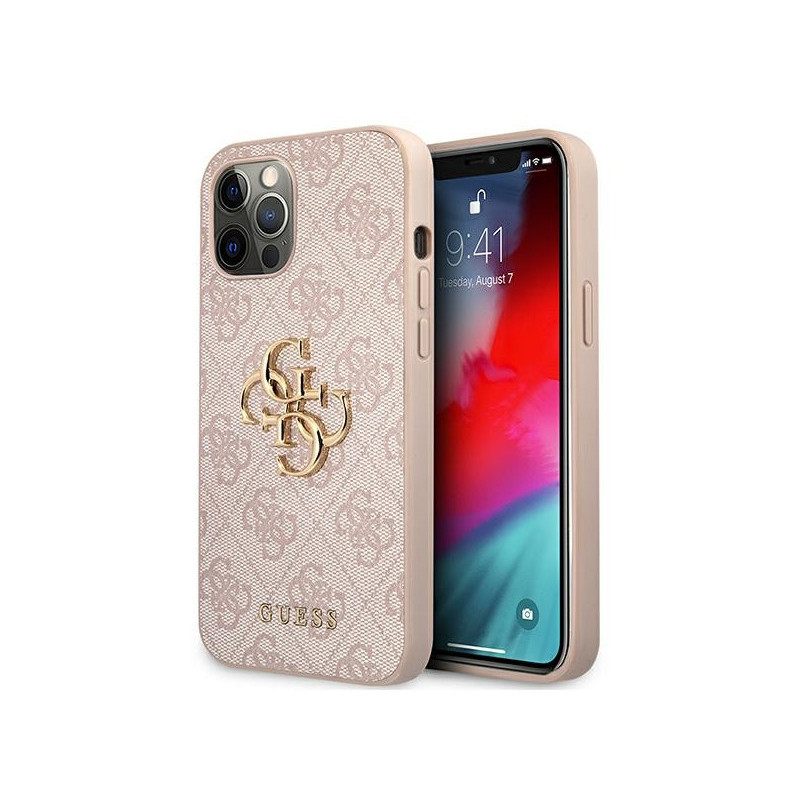 Guess Coque rigide rose pour iPhone 12/12 Pro grand logo métal 4G