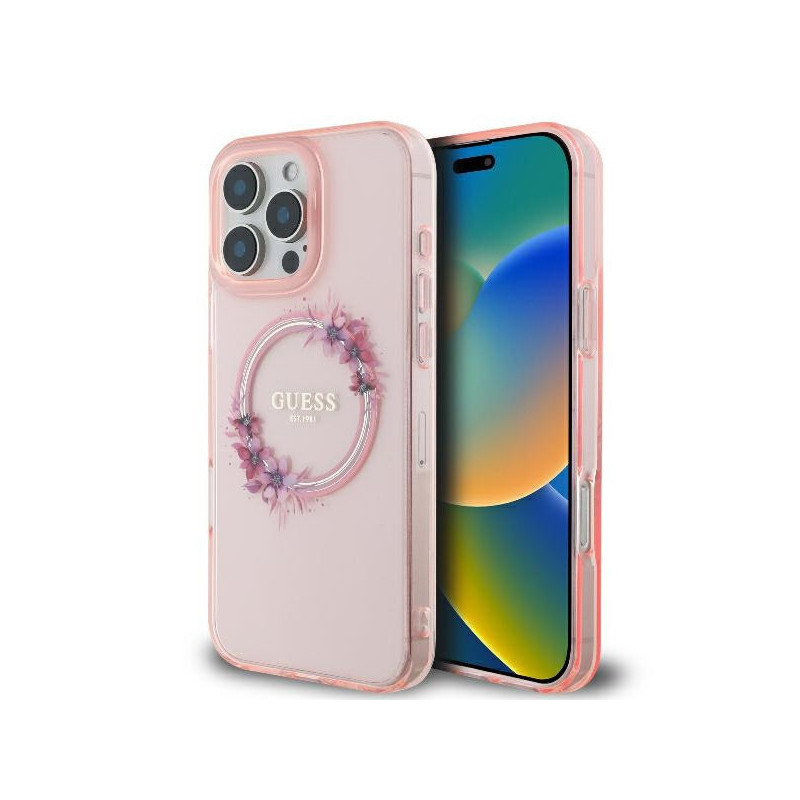 Guess iPhone 16 Pro pink hardcase IML Flowers Wreath MagSafe