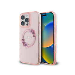 Guess iPhone 16 Pro pink hardcase IML Flowers Wreath MagSafe