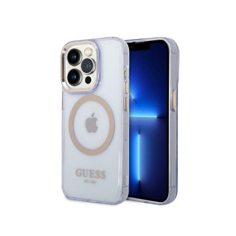 Guess iPhone 14 Pro Max purple hardcase Gold Outline Translucent MagSafe