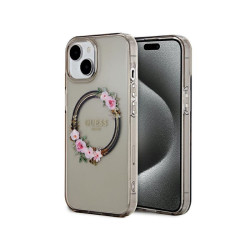 Guess iPhone 13/14/15 black hardcase IML Flowers Wreatch MagSafe