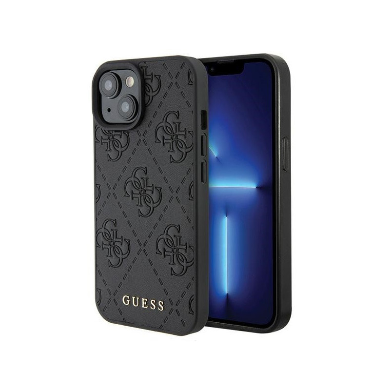 Guess iPhone 13/14/15 black hardcase Leather 4G Stamped