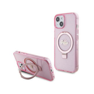 Guess iPhone 14 Plus/15 Plus pink hardcase Ring Stand Script Glitter Mag